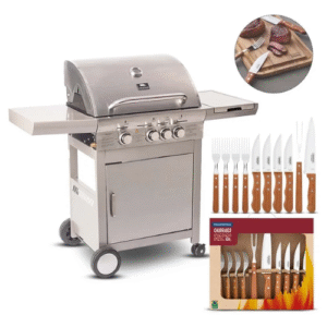 CHURRASQUEIRA INOX A GÁS 4 QUEIMADORES AHC04 MIMO STYLE + KIT CHURRASCO TRAMONTINA 10 PEÇAS INOX CABO MADEIRA